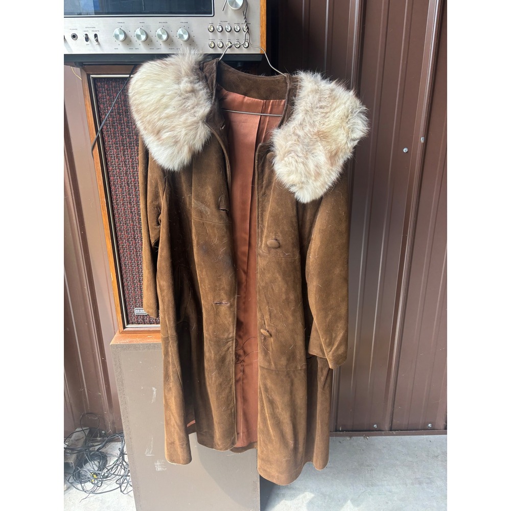 Vintage Brown Suede Trench Coat Faux Fur Collar Embroidered Lining 38.5in Length